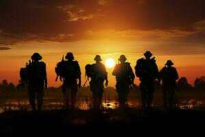 silhouette soldats sur une Soleil embrassé champ, gardiens de crépuscules paix ai généré photo