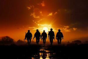 le coucher du soleil toile de fond cadres une collectif de soldats dans commandant silhouette ai généré photo
