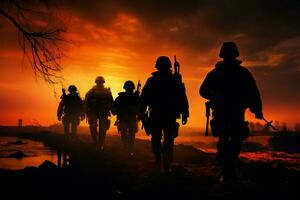 soldats silhouettes dans couchers de soleil sentinelles résonner en dessous de le soir lueur ai généré photo