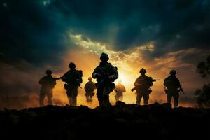 soldats silhouettes, résolu contre une toile de fond de indéniable Puissance ai généré photo