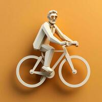 3d personnage de homme équitation une vélo sur un Orange arrière-plan, ai génératif photo