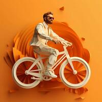 une homme dans des lunettes monte une vélo sur une 3d arrière-plan, ai génératif photo