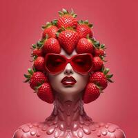 une fille avec des lunettes dont visage est couvert dans des fraises, ai génératif photo