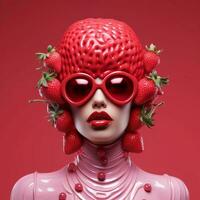 une fille avec des lunettes dont visage est couvert dans des fraises, ai génératif photo