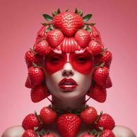 une fille avec des lunettes dont visage est couvert dans des fraises, ai génératif photo