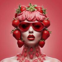 une fille avec des lunettes dont visage est couvert dans des fraises, ai génératif photo