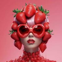 une fille avec des lunettes dont visage est couvert dans des fraises, ai génératif photo