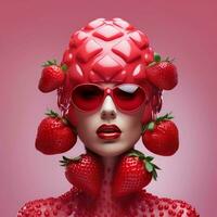 une fille avec des lunettes dont visage est couvert dans des fraises, ai génératif photo