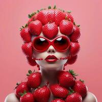 une fille avec des lunettes dont visage est couvert dans des fraises, ai génératif photo