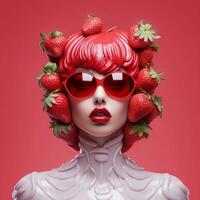 une fille avec des lunettes dont visage est couvert dans des fraises, ai génératif photo