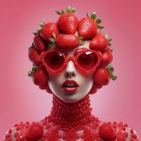 une fille avec des lunettes dont visage est couvert dans des fraises, ai génératif photo