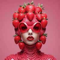 une fille avec des lunettes dont visage est couvert dans des fraises, ai génératif photo