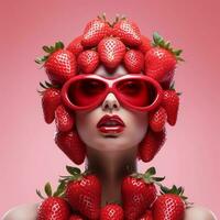 une fille avec des lunettes dont visage est couvert dans des fraises, ai génératif photo