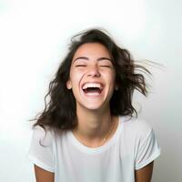 content en riant Jeune femme sur isolé blanc arrière-plan, ai génératif photo