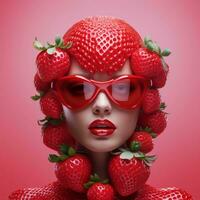 une fille avec des lunettes dont visage est couvert dans des fraises, ai génératif photo