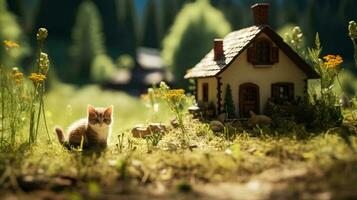 miniature Maisons et chats autour le loger, ai génératif photo