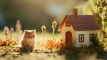 miniature Maisons et chats autour le loger, ai génératif photo