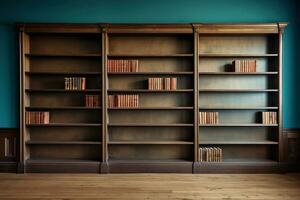 en bois bibliothèque avec livres sur étagères près une bleu mur sur une en bois sol. généré par artificiel intelligence photo