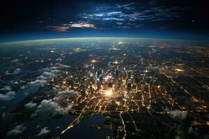 nuit ville lumières, nuit ville, vue de espace. généré par artificiel intelligence photo