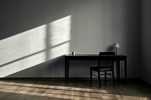 noir bureau avec chaise dans un vide chambre. magnifique ombre sur le mur. éloigné travail concept. généré par artificiel intelligence photo