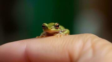 une petit grenouille perché sur une Humain doigt, ai génératif photo