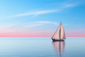 bateau avec blanc voiles dans une calme bleu mer à aube, le coucher du soleil. réflexion de une voilier sur le l'eau. généré par artificiel intelligence photo