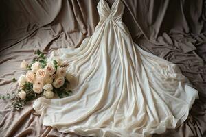 élégant mariage robe mensonges sur lit. mariage concept. généré par artificiel intelligence photo