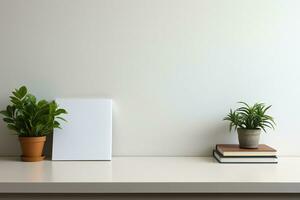 blanc étagère avec une mis en pot plante contre une blanc béton mur. intérieur. généré par artificiel intelligence photo