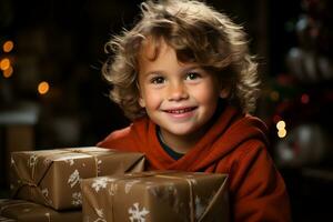 ai généré content les enfants sur le rue avec Noël présente dans leur mains. cadeaux pour charité et sensibilisation. copie espace. haute qualité photo