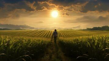 ai génératif agriculteur permanent dans le sien champ de blé à le coucher du soleil. blé champ dans lumière du soleil photo