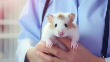 ai génératif vétérinaire clinique pour animaux domestiques. mignonne hamster dans le mains de une vétérinaire. photo