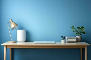table avec lampe, plante et poignées contre une bleu mur. lieu de travail, minimalisme.. généré par artificiel intelligence photo