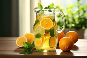 agrumes limonade dans une cruche sur une table dans le cuisine. des oranges et menthe près une verre cruche. généré par artificiel intelligence photo