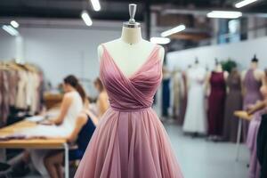 une magnifique lilas soir robe sur une mannequin dans une mode salon, atelier. généré par artificiel intelligence photo