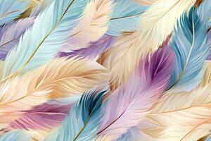 coloré plumes, plume modèle dans doux couleurs. brillant Contexte. généré par artificiel intelligence photo