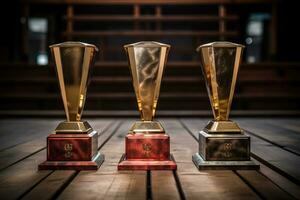 Trois or champion tasses sur une en bois dessus de la table. gagnants d'or trophée. généré par artificiel intelligence photo