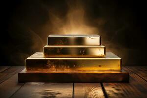 d'or podium. podium pour en présentant une produit dans le forme de or barres. fumée Contexte. généré par artificiel intelligence photo