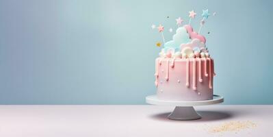 ai généré anniversaire gâteau dans brillant couleurs pour le le sexe fête faire la fête. photo