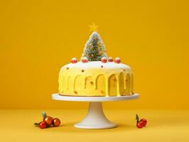 ai généré un inhabituel Créatif Noël gâteau. Jaune Contexte. photo