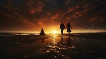 neigeux plage avec le coucher du soleil et Noël arbre photo