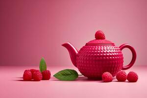 ai généré Créatif conception de une framboise théière sur une brillant Contexte photo