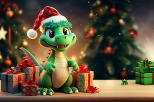 ai généré mignonne vert dragon symbole de 2024 des stands avec cadeaux à le Noël arbre photo