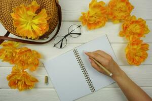 le femme main écrit vers le bas sa des plans dans une carnet photo