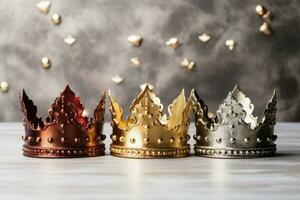 ai généré Trois couronnes comme une symbole de le fête de le journée de le Trois rois photo