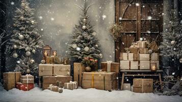 ancien Noël Extérieur scène avec cadeaux et babioles couvert dans neige. généré ai. photo