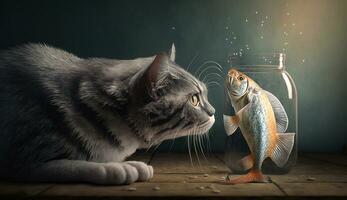 mignonne chat en train de regarder le poisson. marrant chaton reniflement le poisson. généré ai. photo