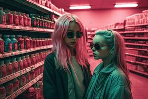 famille de mère et fille à la recherche cool dans Années 80 stylé synthwave magasin. gens dans supermarché. généré ai. photo