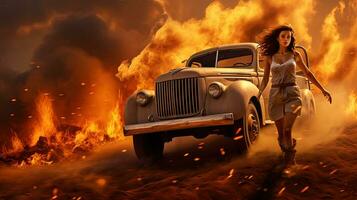 action coup avec femme près le brûlant vieux camion. dynamique scène dans action film superproduction style. généré ai. photo