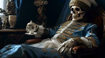 Humain squelette séance sur une canapé avec une tasse de café, ai génératif photo