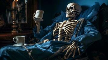 Humain squelette séance sur une canapé avec une tasse de café, ai génératif photo